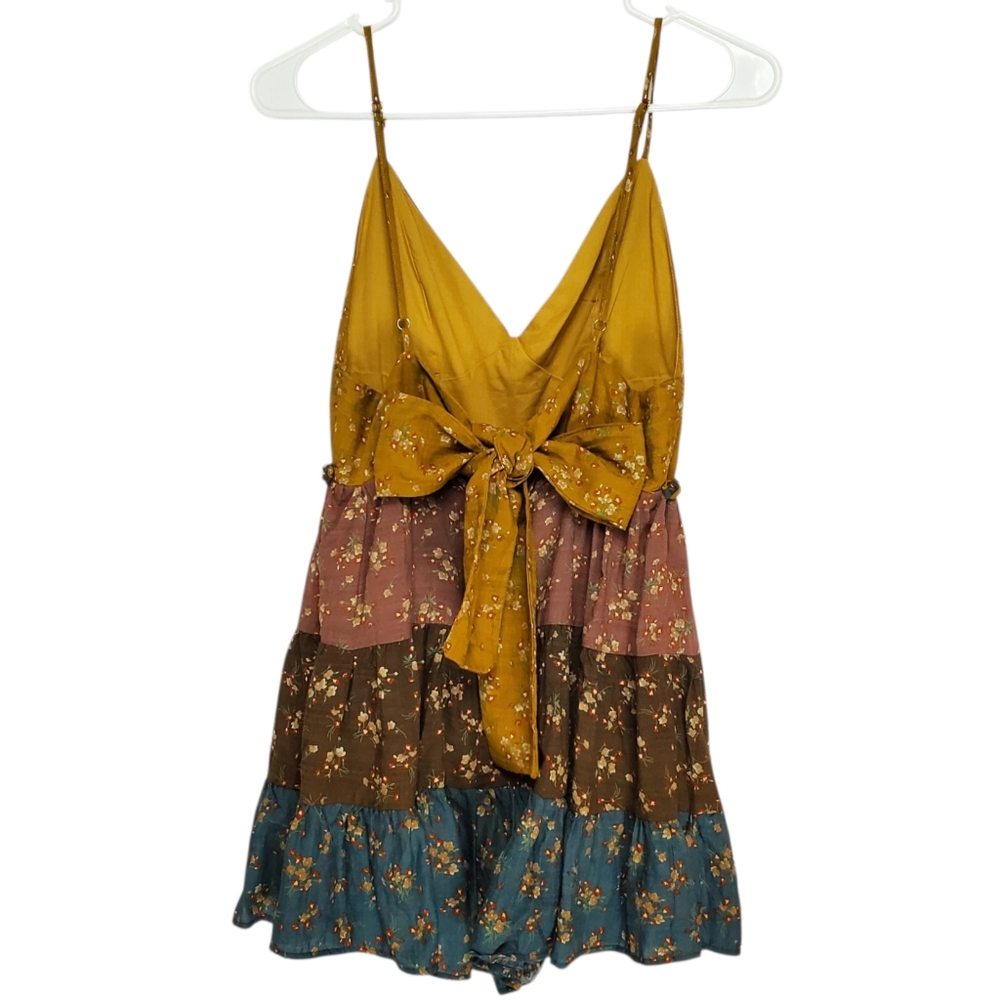 7633 * Storia Patchwork Floral Ruffle Mini Romper Mustard Brown Blue Size S - Picture 2 of 10